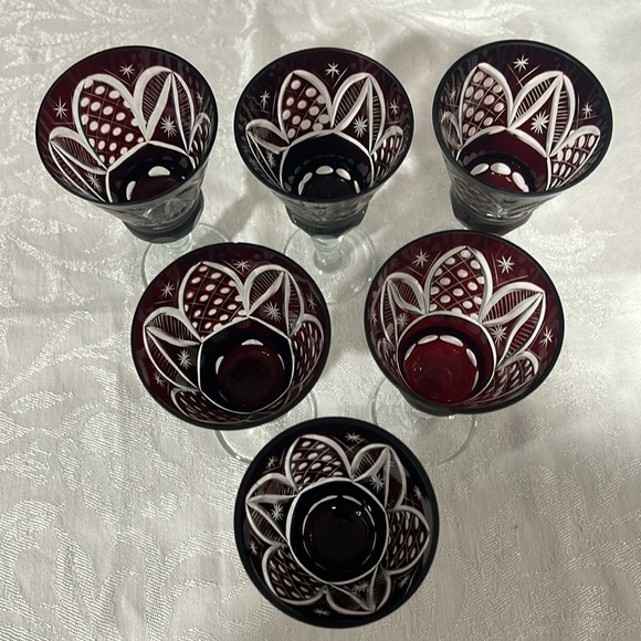Six Vintage 6 ounce Jewel Cut Bohemian Blood Red Crystal Cordial Glasses. Lovely - Picture 2 of 8